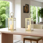 TRIROCKS Set of 2 Stainless Steel Decorative Lantern 12'' High Metal Candle Holder Outdoor Candle Lantern with Tempered Panels for Home Decor Living Room Parties Events Tabletop Indoor Outdoor (Gold) - Image 3