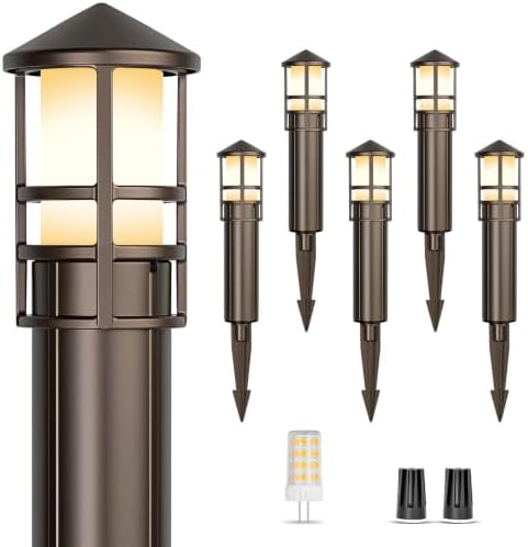 Gardencoin Low Voltage Landscape Pathway Lights, Replaceable G4 Bulb 12V 4W 2700K Outdoor LED Landscape Lighting, Aluminum Waterproof Walkway Lighting, Bollard Path Lights Wired, Bronze 6 Pack by Gardencoin