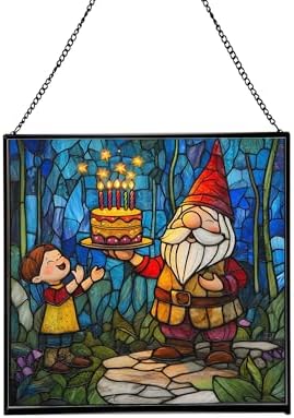 Gnome with Birthday Cake Stained Glass Suncatcher – Square Hanging Window Panel for Home, Garden, Nursery, Halloween, Christmas, Memorial Day – Whimsical Glass Art Gift for Gnome Lovers ttxab9 by Custom