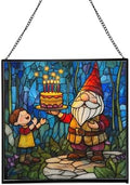 Gnome with Birthday Cake Stained Glass Suncatcher – Square Hanging Window Panel for Home, Garden, Nursery, Halloween, Christmas, Memorial Day – Whimsical Glass Art Gift for Gnome Lovers ttxab9 by Custom