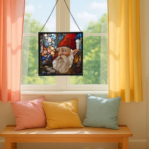 Gnome with Wisdom Sharing Stained Glass Suncatcher – Square Hanging Window Panel for Home, Garden, Nursery, Halloween, Christmas, Memorial Day – Whimsical Glass Art Gift for Gnome Lovers 19170m - Image 5