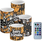 5.7" x 3" Battery Operated Flameless Candles with Timer Happy Halloween Skeleton LED Candles with Remote for Outdoor Indoor Decoration Electric 4Pcs Plastic Pillar Lights Bulk by Merkmak
