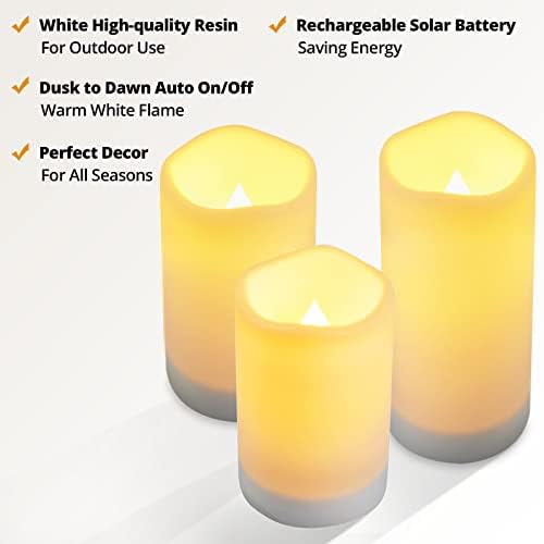 NURADA Large Outdoor Solar Powered Candles - Flameless Pillar Waterproof Rechargeable Candle Set, White Resin, LED Light,Rechargeable Solar Battery Included, for Patio Decor, 3.25"x4"5" 6" - Image 3