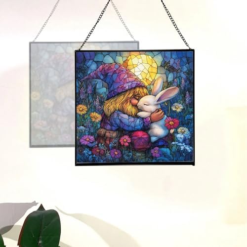 Bunny Friend Gnome Stained Glass Suncatcher – Square Hanging Window Panel for Home or Greenhouse – Whimsical Glass Art Gift for Garden Lovers, Christmas, Halloween, Father Days 44xWTl - Image 4
