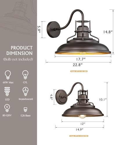 FEMILA 12" Vintage Farmhouse Wall Sconces, 2 Pack Outdoor Barn Lights for Porch Patio Garage, Oil Rubbed Bronze Finish, 4FY15-1W-2PK ORB - Image 2