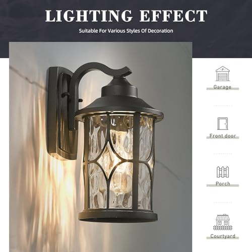 zeyu Modern Outdoor wall Lights, 12 Inch Exterior Wall Lantern, Cast Aluminum with Water Ripple Glass, Black Finish, ZX48BWG BK - Image 2