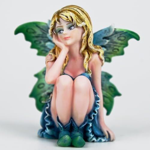 Fantasy Thoughtful Fairy Figurine, 3.15 Inch Blue-Green Gradient Elf Statue, Hand-Painted Resin Decor with Purple Hair Flower & Textured Wings for Desk, Fairy Garden, Plant Pot - Image 3