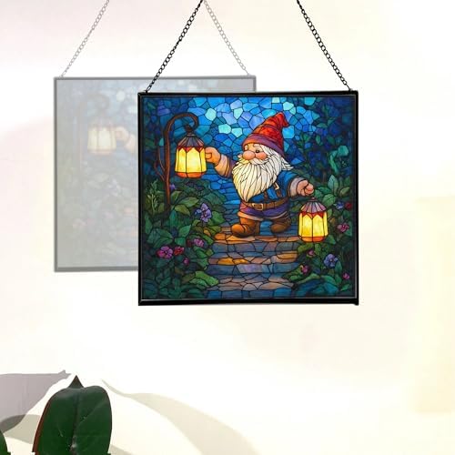 Lantern Path Gnome Stained Glass Suncatcher – Square Hanging Window Panel for Home or Greenhouse – Whimsical Glass Art Gift for Garden Lovers, Christmas, Halloween, Father Days 8DrWKo - Image 4