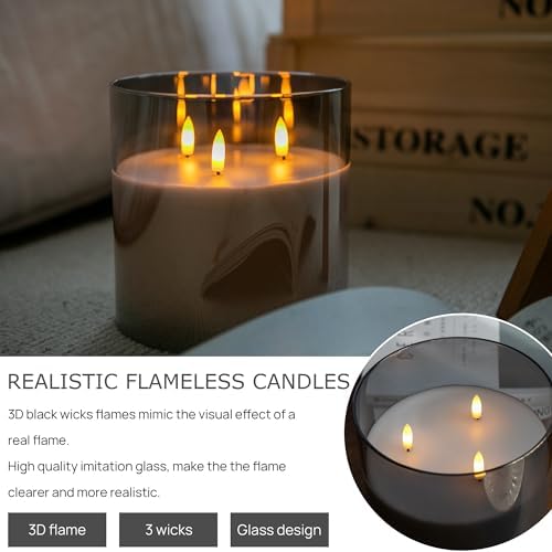 Extra Large Flameless Candles with 3 Wicks, 6"x6" Glass Battery Operated Candles with Remote, Real Wax Flickering LED Candles Fake Candle for Home, Wedding, Party, Gray - Image 3