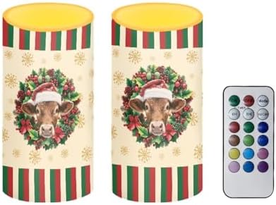 Christmas Highland Cow Battery Operated Flameless Candles with Timer Remote LED Candles Flickering for Indoor Outdoor Home Decorations Flameless LED Real Wax Lights by Merkmak