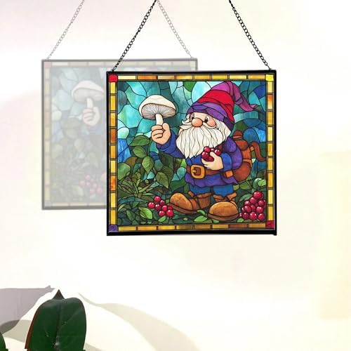 Gnome with Berry Dyes Stained Glass Suncatcher – Square Hanging Window Panel for Home, Garden, Nursery, Halloween, Christmas, Memorial Day – Whimsical Glass Art Gift for Gnome Lovers r1sbo0 - Image 4
