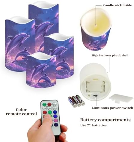 Battery Operated Candles with Remote Timer Flameless Candles Tea Lights Color Changing Electric Fake Plastic Pillar LED Candles Outdoor Home Room Decor Set of 4 Dolphin - Image 3