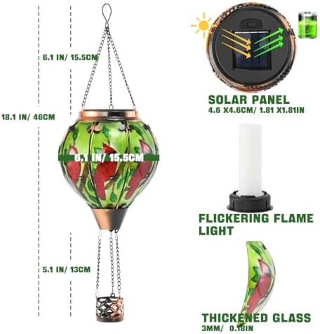 Hot Air Balloon Solar Lantern - Cardinal Bird Glass Lantern, Simulated Flickering & Dancing Flame, Outdoor Hanging Yard Light Waterproof IP65 for Patio Lawn Porch Decor Gift - Image 6