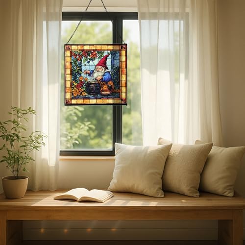 Gnome Making soap Stained Glass Suncatcher – Square Hanging Window Panel for Home, Garden, Nursery, Halloween, Christmas, Memorial Day – Whimsical Glass Art Gift for Gnome Lovers 7jdhqk - Image 7