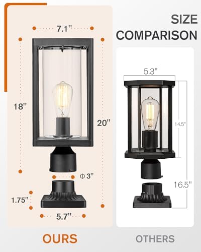 Beionxii Outdoor Post Lantern, 20inch Large Modern Lamp Post Light Fixture Exterior Pillar Lights with Pier Mount Base, Black Cast Aluminum w/Clear Cylinder Glass - A291P-2PK (NOT Solar, 110-120V AC) - Image 2