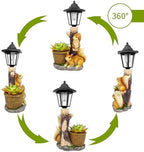 Solar Squirrels Outdoor Statues, Garden Sculpture with Flowerpot & Lantern - Image 2