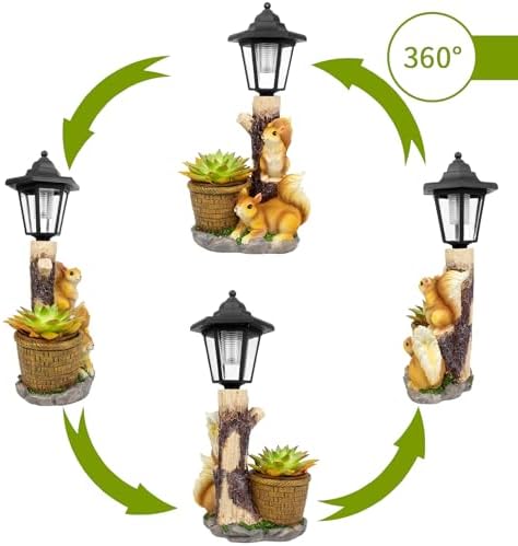 Solar Squirrels Outdoor Statues, Garden Sculpture with Flowerpot & Lantern - Image 2