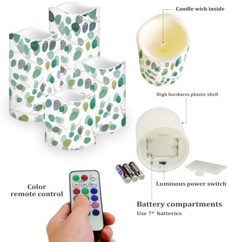 Green Leaves Flameless Candle with Remote Control Electric LED Pillar Candle Timer Color Changing Long Lasting Pack of 4 Battery Candles for Tabletop Beach Home Indoor Decoration - Image 3