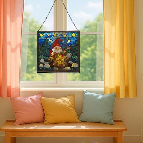 Gnome with Campfire Cooking Stained Glass Suncatcher – Square Hanging Window Panel for Home, Garden, Nursery, Halloween, Christmas, Memorial Day – Whimsical Glass Art Gift for Gnome Lovers ulz706 - Image 5