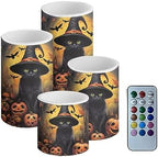 GLENLCWE Halloween Cat Flameless Candles Battery Operated Pillar Wax LED Candles Battery Operated 4Pack Halloween Flickering Candles with Remote and Timer,Color Changing by GLENLCWE