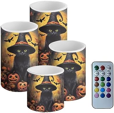 GLENLCWE Halloween Cat Flameless Candles Battery Operated Pillar Wax LED Candles Battery Operated 4Pack Halloween Flickering Candles with Remote and Timer,Color Changing by GLENLCWE