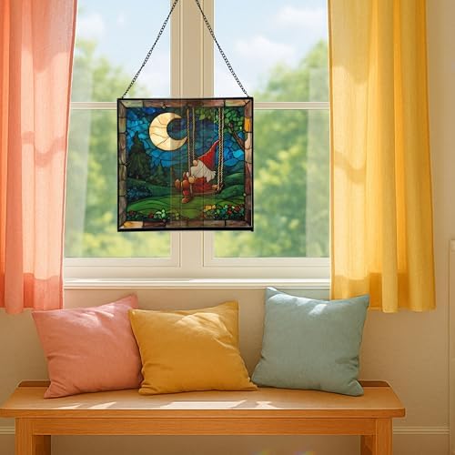 Moon Swinging Gnome Stained Glass Suncatcher – Square Hanging Window Panel for Home or Greenhouse – Whimsical Glass Art Gift for Garden Lovers, Christmas, Halloween, Father Days ngKsmH - Image 5