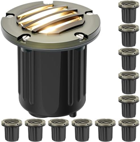 Gardencoin Brass Low Voltage Landscape Well Lights (5" Cover, 5.5" Tall), 12V LED Wired In-Ground Outdoor Up Lighting Fixture Waterproof, Adjustable Beam Direction Base, Without MR16 Bulb (12 Pack) by Gardencoin