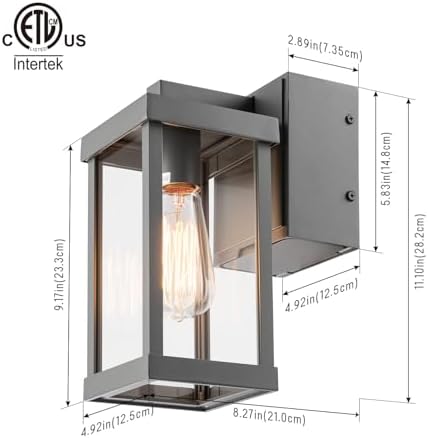 mirrea 11" Classic Outdoor Wall Sconce with Built-in GFCI Outlet 1 Light in Rectangular Metal Frame and Clear Glass Shade Waterproof Porch Light Patio Light (Matte Gray) - Image 2