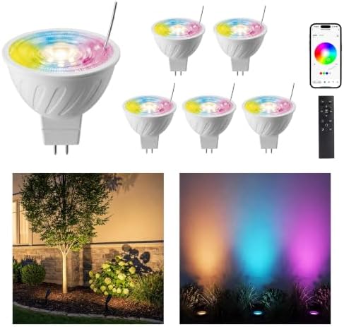 Gardenreet RGBCW MR16 LED Bulb, 12V Low Voltage Dimmable Halogen Replacement for Outdoor Landscape Lighting & Indoor Accent, Color Changing & Warm White, 5W GU5.3 Bi-Pin, Bluetooth Mesh 65ft, 6 Pack by Gardenreet