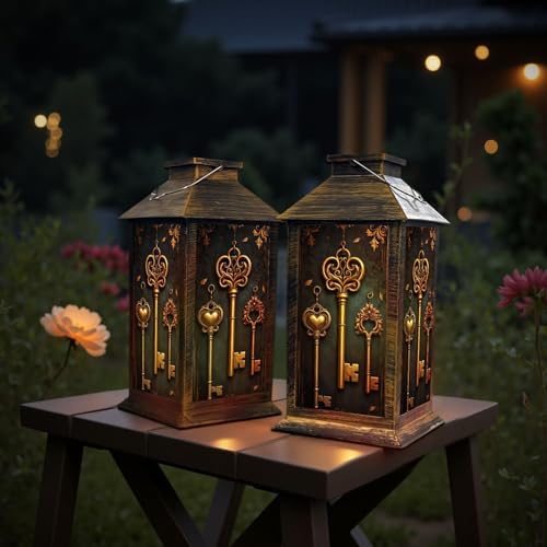 Solar Lantern Outdoor Garden Hanging Lantern Ornate Vintage Skeleton Keys Baroque Gold Bronze Tones Waterproof Solar Powered Lighting Outside Table Lamp for Patio Deck Yard Camping - Image 6