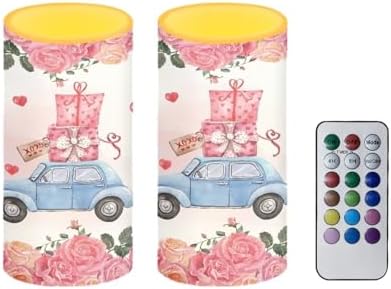 Battery Operated Flameless Candles with Remote and Timer Set of 2 Valentines Day Floral Truck Gifts Print Flameless LED Pillar Candles for Home Decoration Battery Tea Lights by Merkmak