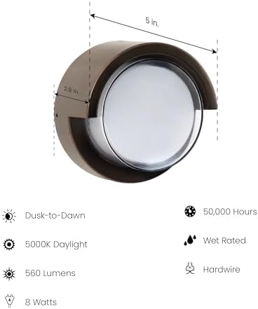Feit Electric Outdoor LED Wall Sconce, Round Wall Mount Light Fixture, Dusk-to-Dawn, 5000K Daylight, Hardwired, Bronze Finish, Polycarbonate Lens, 50,000-Hour Lifetime, S5RWM/850/DD/BZ - Image 2