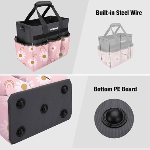 WORKPRO Garden Tool Bag, 10 Pockets and Shoulder Strap, Floral Pink - Image 5