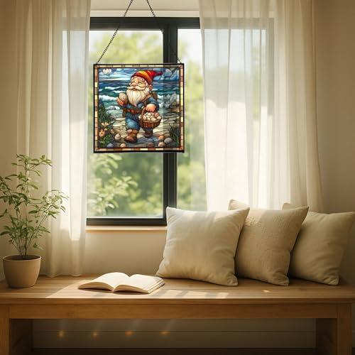 Shell Collector Gnome Stained Glass Suncatcher – Square Hanging Window Panel for Home or Greenhouse – Whimsical Glass Art Gift for Garden Lovers, Christmas, Halloween, Father Days MXctcy - Image 7