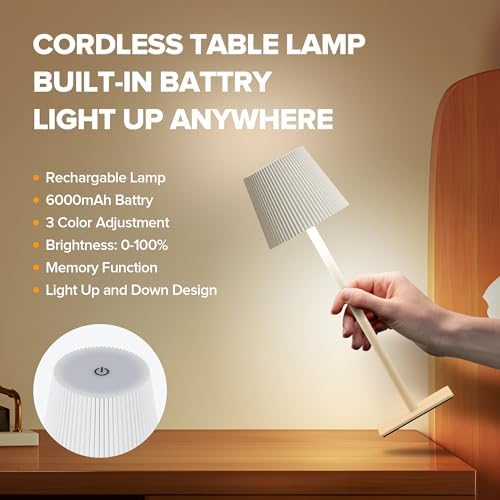 LUTEC 4 Pack Cordless Table Lamp,6000mAh Rechargeable Battery Operated Desk Lamp,Two Adjustable Heights,Waterproof, Touch Control & 3 Color Stepless Dimming for Restaurant/Bedroom/Bars/Outdoor (White) - Image 3