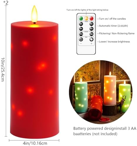 kakoya 10" x 4" Large Outdoor Waterproof Flickering Flameless Candles with Timer,2Pcs Battery Operated LED Pillar Candles with Embedded Star String for Outdoor Lanterns,Porch,Patio Decor(red) - Image 5