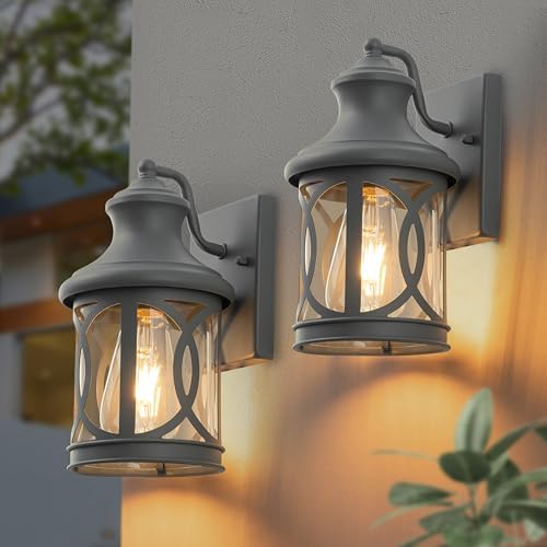 2-Pack Outdoor Wall Lights, Porch Lights, Waterproof Outdoor Wall Sconce, Exterior Light Fixture Grey Finish with Clear Glass Shade for Garage Patio Front Door Balcony by Laplusbelle