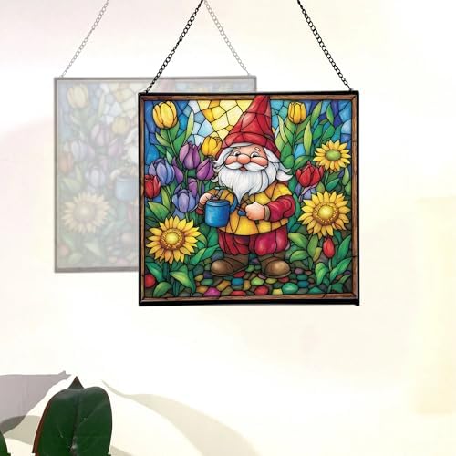 Spring Garden Gnome Stained Glass Suncatcher – Square Hanging Window Panel for Home or Greenhouse – Whimsical Glass Art Gift for Garden Lovers, Christmas, Halloween, Father Days lee1cz - Image 4
