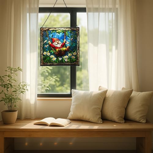 Swinging Garden Gnome Stained Glass Suncatcher – Square Hanging Window Panel for Home or Greenhouse – Whimsical Glass Art Gift for Garden Lovers, Christmas, Halloween, Father Days 5tGEG5 - Image 7