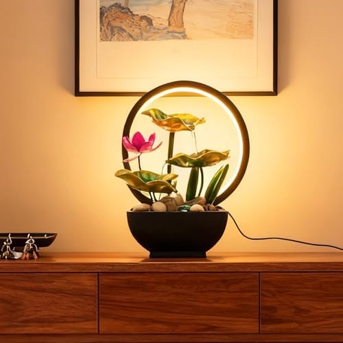 AOZITA Tabletop Fountain, Indoor Waterfall Fountain, Small Home Décor Zen Relaxation Soothing Sound Machine for Office, Living Room, or Bedroom, Green Metal Lotus with Flower, River Rocks, Round LED - Image 4