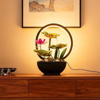 AOZITA Tabletop Fountain, Indoor Waterfall Fountain, Small Home Décor Zen Relaxation Soothing Sound Machine for Office, Living Room, or Bedroom, Green Metal Lotus with Flower, River Rocks, Round LED - Image 4