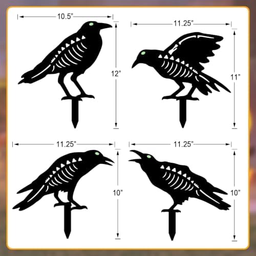 Outdoor Halloween Decor,4 Pack Metal Black Crow Garden Stakes & Glow Eyes - Image 7