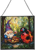 Lady.Bug Picnic Gnome Stained Glass Suncatcher – Square Hanging Window Panel for Home or Greenhouse – Whimsical Glass Art Gift for Garden Lovers, Christmas, Halloween, Father Days YBksu9 by Custom