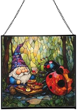 Lady.Bug Picnic Gnome Stained Glass Suncatcher – Square Hanging Window Panel for Home or Greenhouse – Whimsical Glass Art Gift for Garden Lovers, Christmas, Halloween, Father Days YBksu9 by Custom