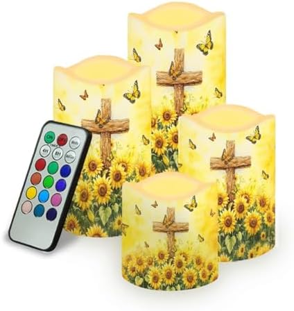LED Flameless Candles with Remote Set of 4 Sunflower Cross Battery Operated Pillar Candles with Timer Color Changing Electric Candles for Wedding Table Festival Decorations by YUVAMAGIMO