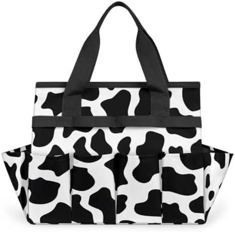 Black White Garden Tool Bag Organizer Heavy Duty Fun Cow Print Farm Animal Gardening Tote Bag with 10 Pockets for Women Men Gardening Gifts by Home