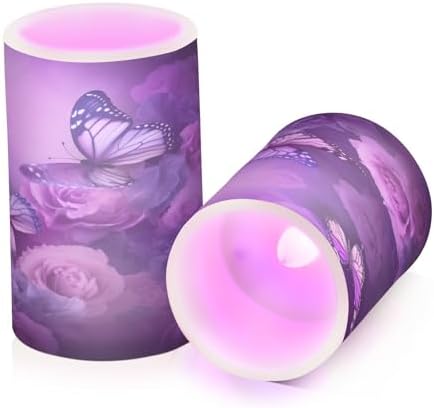 YETTASBIN Purple Butterfly Flameless Candles with Remote Control and Timer, Adjustable Brightness Long Lasting Battery Operated LED Pillar Candles for Indoor Outdoor Party Home Decor, 2 Pack - Image 2