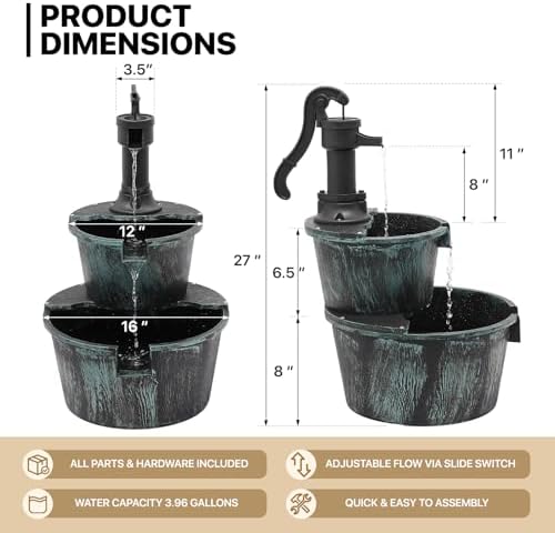 MoNiBloom Outdoor Water Fountains, 27" Tall 2-Tier Barrel, Green - Image 2