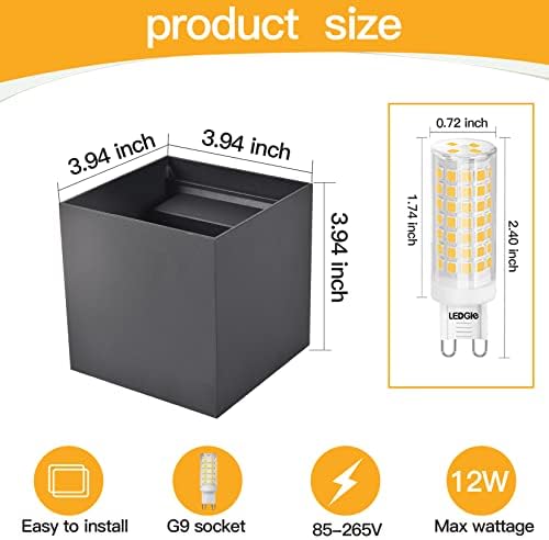 2 Pcs G9 Outdoor Wall Lights Exterior/Interior Wall Sconces Up and Down Lights IP65 Waterproof Modern Outdoor Lighting Square Aluminum Black 3000K Warm Lights Replaceable bulb, Adjustable Light Angle - Image 4