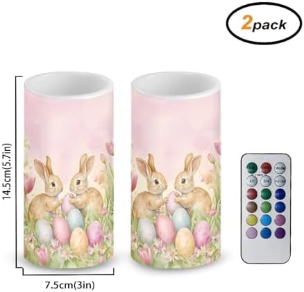 Set of 2 Easter Day Flameless Candles Bulk Battery Operated Candles with Timer Remote Easter Eggs Cute Bunny LED Pillar Lights for Indoor Outdoor Party Dining Table Decoration - Image 2